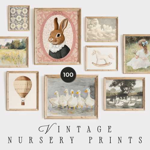 Vintage Nursery Prints - 100 Vintage Nursery Wall Art - Digital Printable Nursery Prints - Retro Posters - Cute Animal Calm Gallery wall set