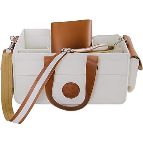 Baby Diaper Caddy Organizer with Changing Mat, Top Baby Shower Basket, Customizable Inserts, Portable Diaper Changing Station, Felt with Faux Leather Handles & Extra Pockets for Mothers