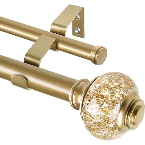 1 Inch Luxury Gold Double Curtain Rods for Windows 66 to 120 Inches(5.5-10ft), USFOOK Adjustable Heavy Duty Drapery Rods, Telescoping Dual Curtain Rod with Translucent Finials, Wall Mounted