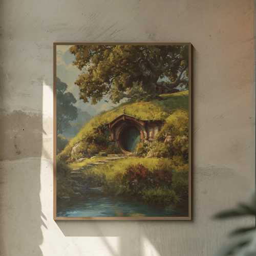 Hobbit Hole Landscape Poster | Fantasy Home, Cottage Art Print