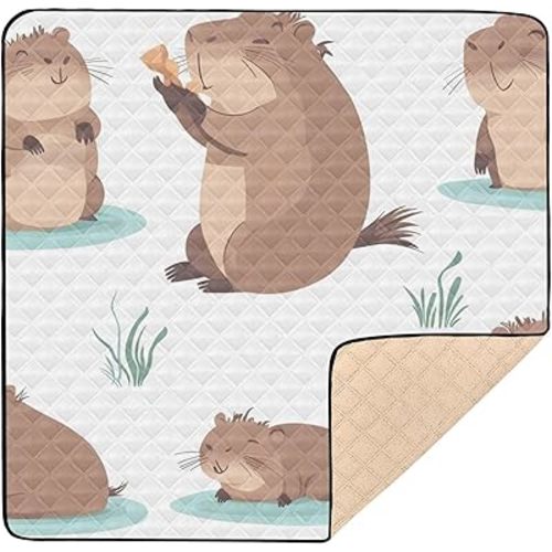 Beavers at Play 50x50 inches Baby Gyms Play Mat, Polyester Lightweight Quilted Cushion, Waterproof Surface, Soft and Thick, Slip Resistant Bottom and Machine Washable