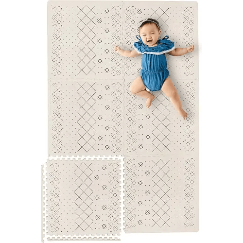 Yay Mats Stylish Extra Large Baby Play Mat. Soft, Thick, Non-Toxic Foam Covers 6 ft x 4 ft. Expandable Tiles with Edges Infants and Kids Playmat Tummy Time Mat (Carter Mudcloth Tan)