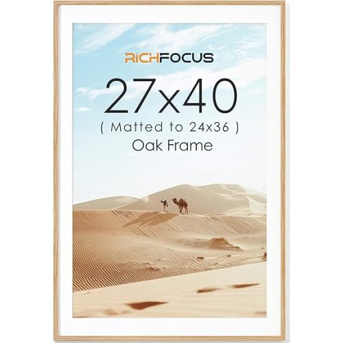 RICHFOCUS 27x40 inch Poster Frame|Solid Oak Wood 27x40 Frame with Mat for 24x36|Rustic 27 x 40 Poster Frames for Wall with Tempered Glass|Collage Gallery Frames|Natural Oak,1 Pack