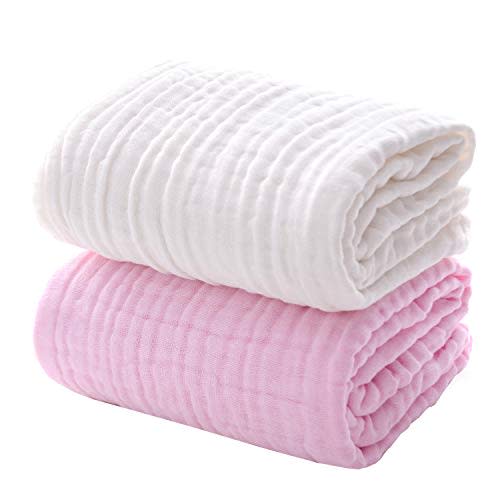 MUKIN Baby Bath Towels, Super Soft Cotton Receiving Blanket for Baby's Delicate Skin,2Pack Swaddle Blanket for Newborns Toddlers Boy Girl,Baby Registry as Shower (White+Pink)