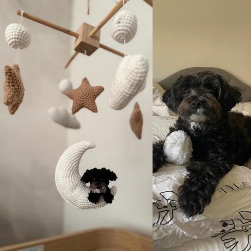 Custom Dog Cat On Moon, Personalized Baby Nursery Mobile, Crochet Baby Mobile, Crochet Dog, Crib Dog Mobile, New Mom Gift, Gift For Baby