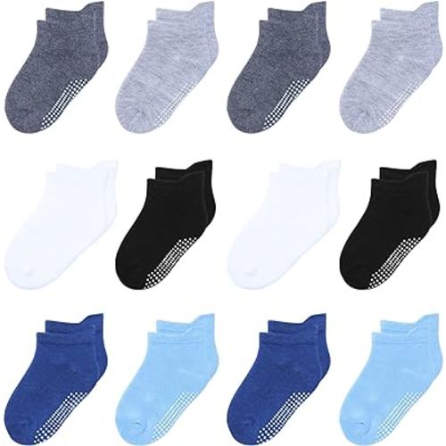 12 Pack Non Slip Kids Toddler Baby Socks with Grips 1-7 Years Boys Girls Cotton Ankle Socks Multi Colors