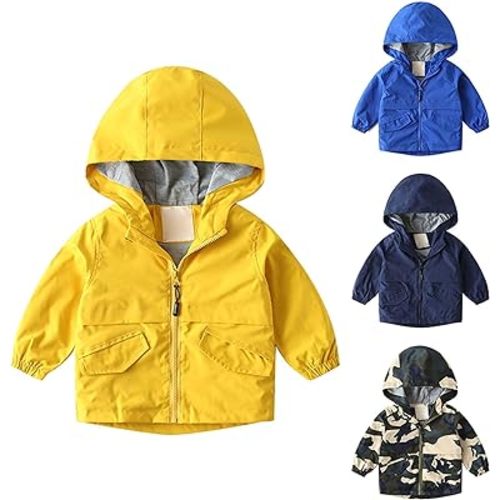 Little Girls Boys Rain Jacket Lightweight 𝐖aterproof Solid Fall Raincoat Zipper Hooded Lined Windbreaker