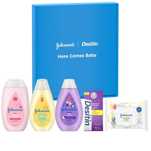 Johnson's Baby Here Comes Baby Gift Set, Baby Essentials for New Parents with Moisturizing Lotion, Bedtime Bath, Body Wash & Shampoo, Hand & Face Wipes, & Diaper Rash Cream, 5 Items