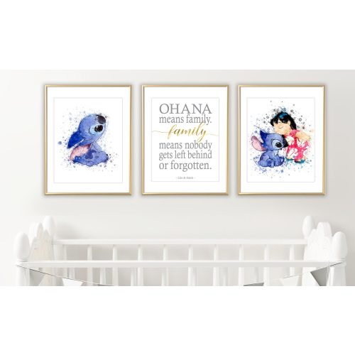 2 Lilo and Stitch Prints + Ohana quote for Nursery, Wall Art Stitch Posters Watercolor, Nursery Decor, Baby shower gift Boy or Girl
