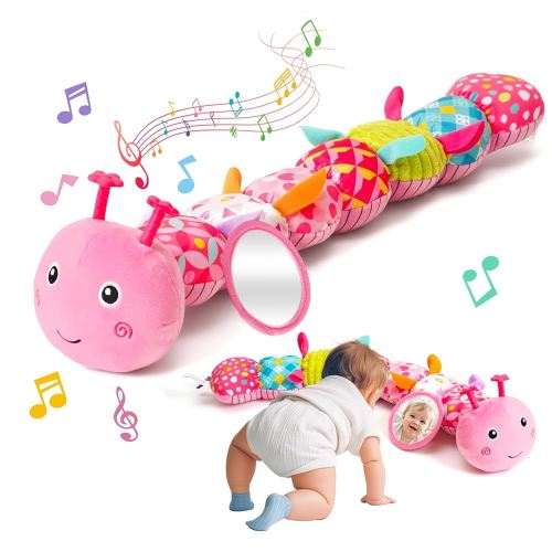 Baby Toys 0-6 Month, Musical Caterpillar Baby Rattle, Plush Sensory Toy with Mirror, Crinkle Textures, Newborn Developmental Tummy Time Stuffed Animal for Infants Boys Girls 6-12 Months (Pink)