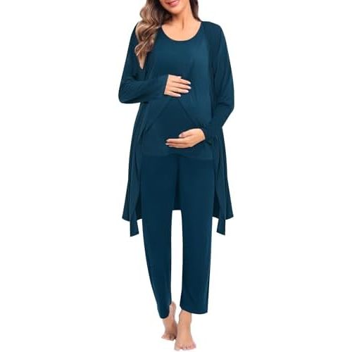 SWOMOG Maternity Nursing Robe Set 3 PCS Postpartum Breastfeeding Pajamas Hospital Pregnancy Pjs Double Layer Lounge Set