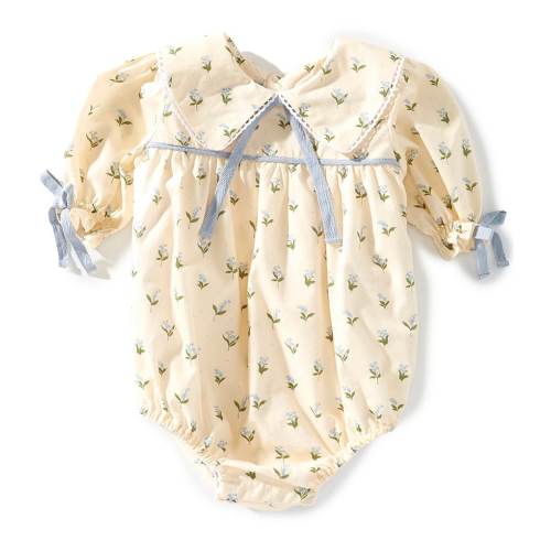 Edgehill Collection x Megan Karp Baby Girls Belle Floral Bow Detail Peter Pan Collar Long Sleeve Bubble Romper