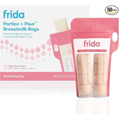 Frida Mom Breastmilk Storage Bags, 50ct Splitstash Freeze & Thaw Milk Bags for Breastmilk, Splits Bag into Two 2oz Portions, Leakproof Seal, Perfect Pour Spout, No Slip Finger Grip, BPA Free, 4oz Bag