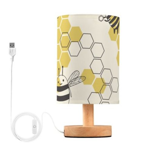 Cute Bees and Honey Bedside Table Lamp LED Warm Lights with USB Charging Port Retro Cylinder Desk Lamps