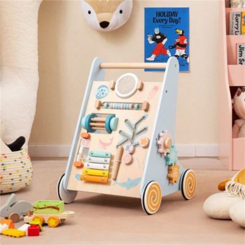 Angel Sar 8-in-1 Blue Wooden Baby Walker with Xylophone & Shape Sorter, Multi-Activity Push Toy for Toddlers 1+ Years with Mirror, Gears, Storage