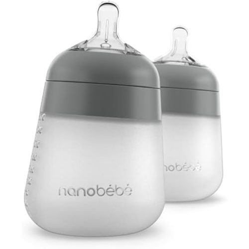 Nanobébé Flexy Silicone Baby Bottle, Anti-Colic, Natural Feel, Non-Collapsing Nipple, Non-Tip Stable Base, Easy to Clean 2-Pack, Grey, 9oz
