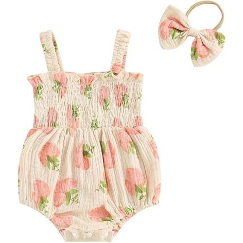 Infant Baby Girl Linen Romper Smocked Bubble Bodysuit Frill Trim Ruffle One-Piece Jumpsuit Casual Cute Summer Clothes