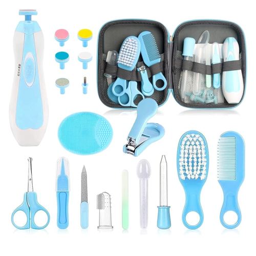 Baby Grooming Kit - 19 in 1 Nursery Essentials Baby Registry Shower Gift for Newborns, Infants, Toddlers, Boys, Girls Kids-Safety Baby Comb, Brush, Finger Toothbrush, Nail Clippers, Scissors(Blue)