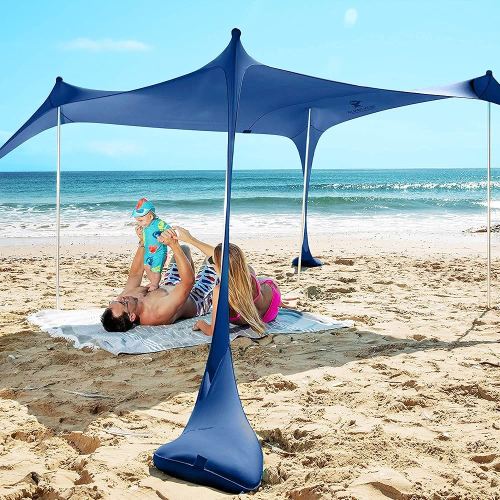 SUN NINJA Beach Tent Sun Shelter UPF50+ - Easy Pop Up Beach Canopy - Outdoor Shade for Camping Trips, Fishing, Backyard Fun Picnics - Sand Shovel, Ground Pegs & Stability Poles