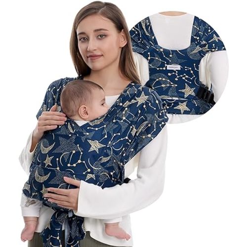 Momcozy Baby Wrap Carrier Skin-Friendly Fabric, Easy to Wear Baby Sling T-Shirt Design, Hands Free Baby Carriers Newborn to Toddler 8-35lbs, Adjustable Buckle Suit for Waist 27-47inch, Starry Sky