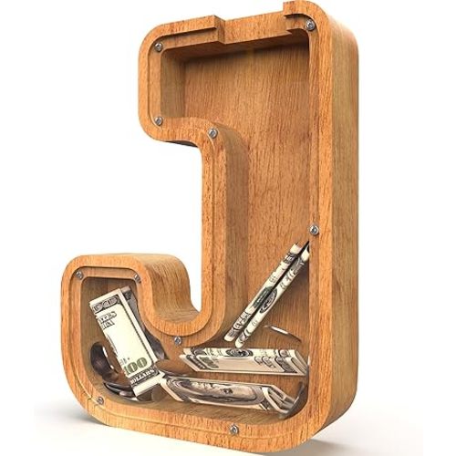 Piggy Bank for Kids Boys Girls, Large Personalized Wooden Letter Piggy Bank with Cut-Out Design, Alphabet Letter Coin Banks, Money Savings Box, Wooden Bank for Kids Creative Gift for Real-Money(J)
