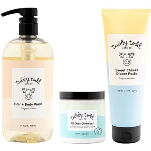 TUBBY TODD Baby Bundle Newborn Skin Care Set - Hypoallergenic Hair + Body Wash, All Over Ointment with Colloidal Oatmeal, Sweet Cheeks Diaper Paste - Fragrance-Free, Full Size