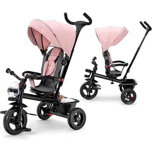 BABY JOY Tricycle, 5 in 1 Toddler Bike W/Removable Push Handle, Reversible Seat, EVA Wheel, Adjustable Canopy, Cup Holder & Storage, Ideal for Kids 1.5-5 Years Old, Tricycle for Toddler (Pink)
