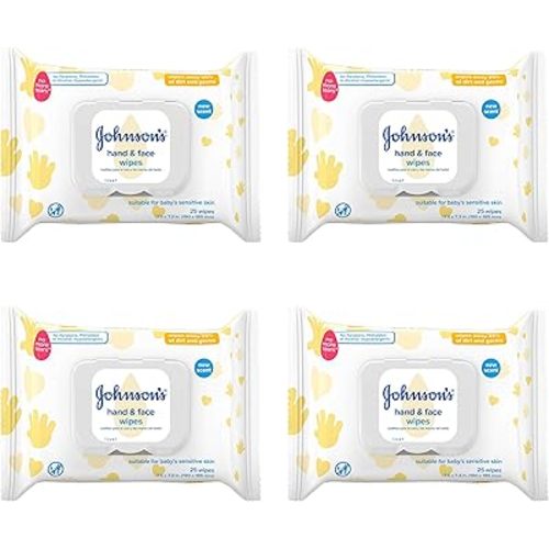Johnson's Baby Hand & Face Baby Sanitizing Cleansing Wipes for Travel and On-The-Go, No More Tears Formula, Paraben and Alcohol Free, 25 ct, Case of 4