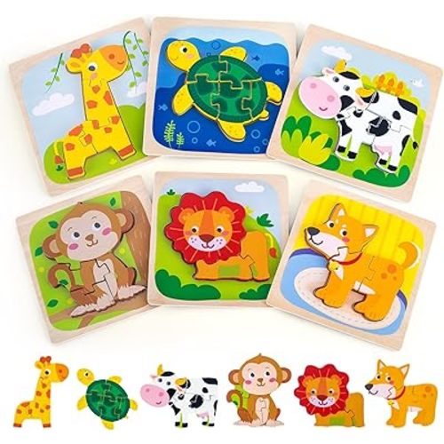 6 Pack Wooden Puzzles for Toddlers 1-3 Years Old - Montessori Toys for 2-Year-Old, Educational Toys with 6 Animal Patterns Puzzles for Boys & Girls Birthday Gift, STEM Educational Learning