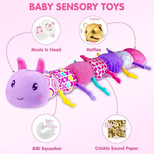 KaeoHye Baby Infant Musical Stuffed Animal Soft Toy with Multi-Sensory Crinkle, Rattle & Textures,Baby Girl Toy Birthday Gift for 0 3 6 9 12 Months+,Caterpillar,Purple
