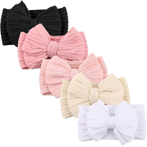 DRESHOW BQUBO Handmade Baby Headbands Soft & Stretchy Hair Bands with Bows Nylon Bows Hairbands for Girls Newborn Infant Toddlers Hair Accessories 5 pack