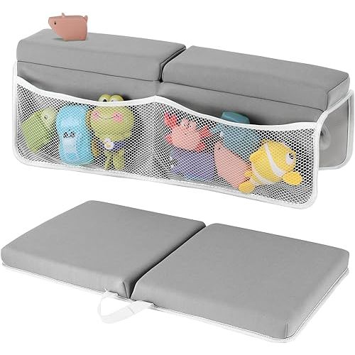 YUFIXO Baby Bath Kneeler and Elbow Rest Pad Set, 1.5 Inch Thick Memory Foam Soft Bath Kneeler with Bath Toys Organizer, Non-Slip, Quick-Dry, Foldable Kneeling Mat, Ideal Gift for Parents, Gray