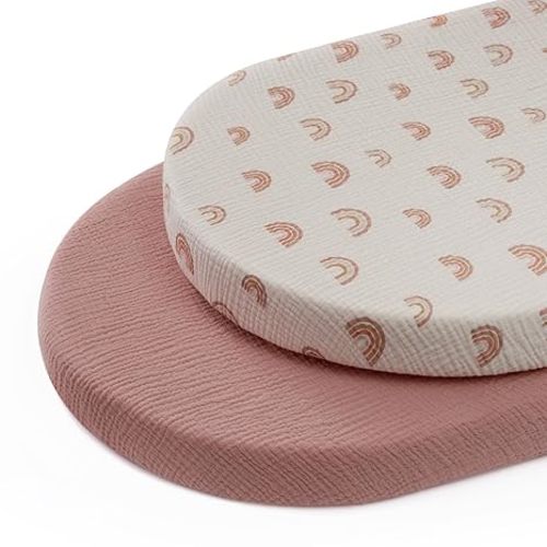 Blissful Diary Muslin Bassinet Sheets for Baby Girls Boys, Boho Soft Cotton Fitted for Oval Hourglass Rectangle Mattress, 2 Pack(Dusty Pink&Rainbow)
