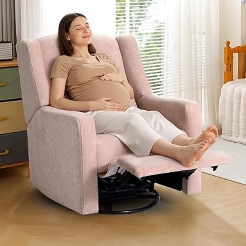 Power Recliner Chair Swivel Gilder Rocking Chairs Skin-Friendly Power Recliner Nursery Chair for Adults with Waist Pillow, USB Charging, Ottoman (Coral Pink, Only Recliner Chair)