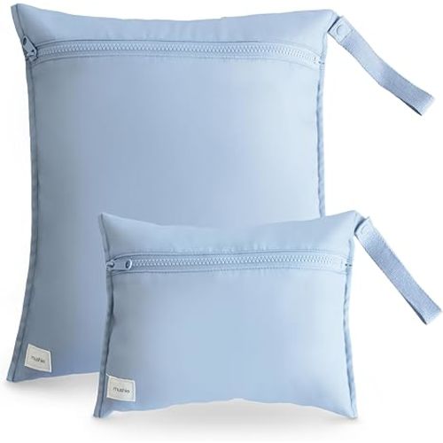 mushie Water Resistant Wet Bags | Large & Small Reusable Storage Bag for Baby Items and Travel | Zippered Pockets with Handle | Machine Washable, Set of 2 (Tradewinds)