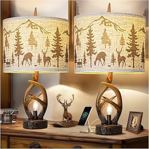 Farmhouse Deer Antler Table Lamp Set of 2 For Living Room with USB Ports, Rustic Bedside Lamp with Nightlight For Bedroom, linen Fabric Shade Vintage Nightstand Lamps For Hotel Bar Country House