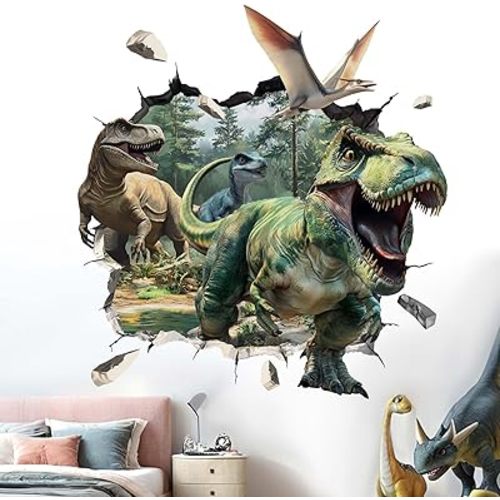 3D Dinosaur Wall Stickers - Tropical Palm Tree Leaf Dino Wall Decals - Nursery Kids Baby Boys Room Daycare Playroom Classroom Wall Decor