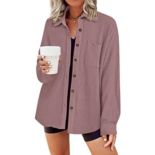 HOTOUCH Waffle Button Down Shirt Women Dressy Casual Knit Tops Long Sleeve Loose Fit Shacket with Pocket
