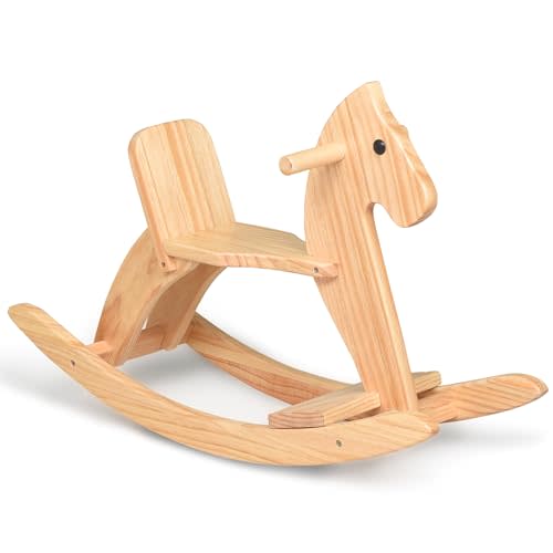 KRAND Rocking Horse Wooden Ride On Toy for Kids Classic Design Rocking Horse with Pedal and Safe Backrest Fine Workmanship(Classic, Natural)