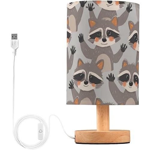 Table Lamp Raccoon Cute Grey Nightstand lamp Fabric Lamps with Wood Base Fabric Shade Bedside Desk Lamps for Bedroom Living Kids Room Desk Nursery Office Home Decor