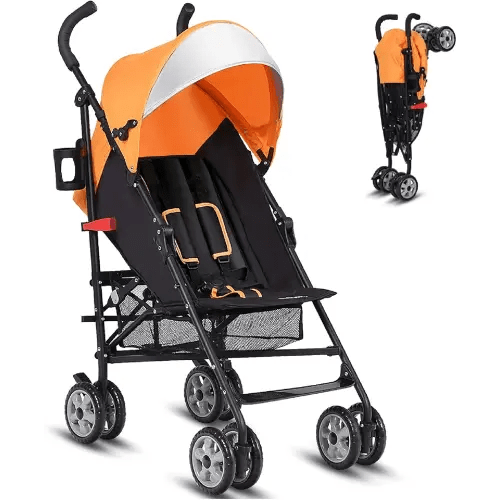 HONEY JOY Baby Lightweight Stroller, Compact Travel Stroller for Airplane, Adjustable Backrest & Canopy, 5-Point Harness, Cup Holder, Storage Basket, Foldable Umbrella Stroller for Toddlers (Orange)
