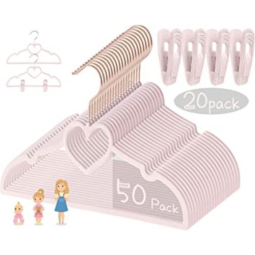 Pink Heart Velvet Baby Hangers - 50pack 13inch Toddler Hangers with 20pcs Clips, Premium Velvet Strong and Durable Baby Clothes Hangers Without Slipping, Ultra Slim and Stackable Space Saving