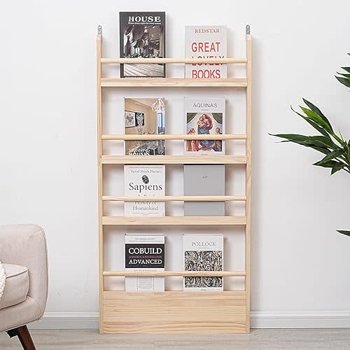 Kids Bookshelf 4-Tier - Space-Saving Behind The Door Storage Shelf - Pine Wood Thin Bookshelf 4 Shelves Wall Mounted - Suitable for Children's Books in Bedroom, Living Room and Nursery