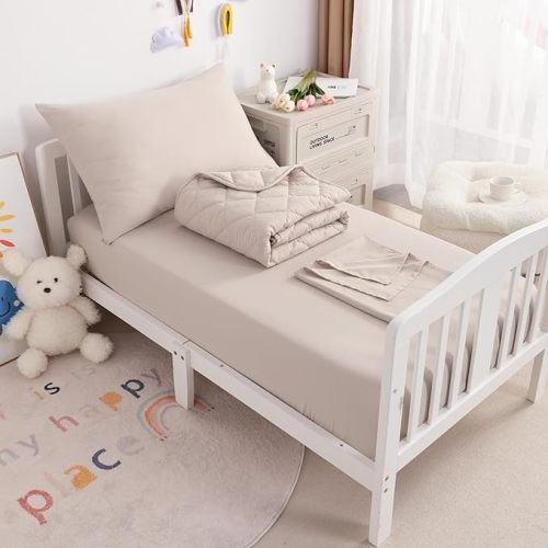 NTBAY Toddler Bedding Set - 4 Piece Soft and Breathable Crib Bedding Set for Boys and Girls, Includes Quilted Comforter, Fitted Sheet, Flat Top Sheet and Envelope Pillowcase, Taupe