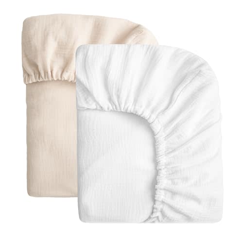 SOULFUL Muslin Crib Sheets for Boys Girls, 2 Pack Soft and Breathable Organic Cotton Fitted Crib Sheets for Standard Crib Mattress (28"x 52", White & Beige)