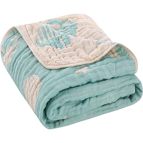 6-Layer Muslin Baby Blanket Made with Organic Cotton - Serene Ocean Life & Sea Wonders Theme,Swaddle & Crib Quilt, 43" x 43",Green Ocean