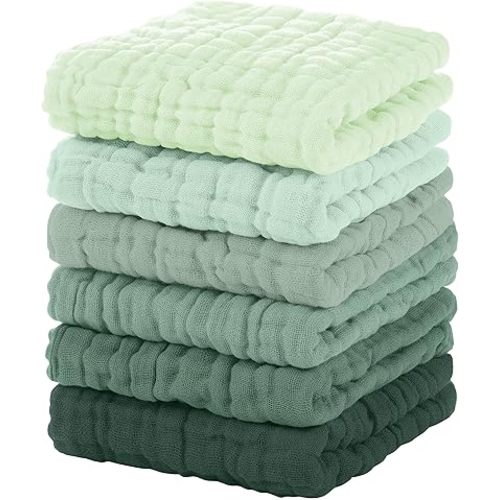 Unnivoll Muslin Burp Cloths Baby 12''X12'',Baby Washcloths 6 Pack, 100% Cotton Baby Wash Cloths Absorbent And Soft For Newborn Infants Kids Boys Girls Green