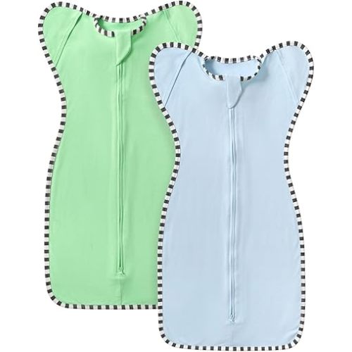 QUENESS Transition Swaddle, 2 Pack 100% Cotton Baby Sleep Sack, 2-Way Zipper Infant Arm Up Swaddle for Newborn Baby Boys Girls (Blue + Green, M(3-6 Months))