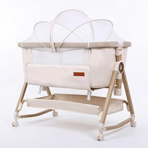 Maydolly Baby Bassinet & Bedside Sleeper, 3 in 1 Rocking Bassinet with Mattress & Sheet, Adjustable Height, Removable Breathable Cover, Easy Folding Infant Crib (Beige)