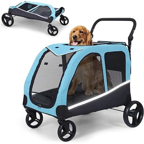 Dog Stroller for Large Dogs, Extra Large Pet Stroller for Medium Dogs, Dog Wagon Carriage, Foldable Design, Adjustable Handle, with Pocket, Up to 160 lbs, Blue